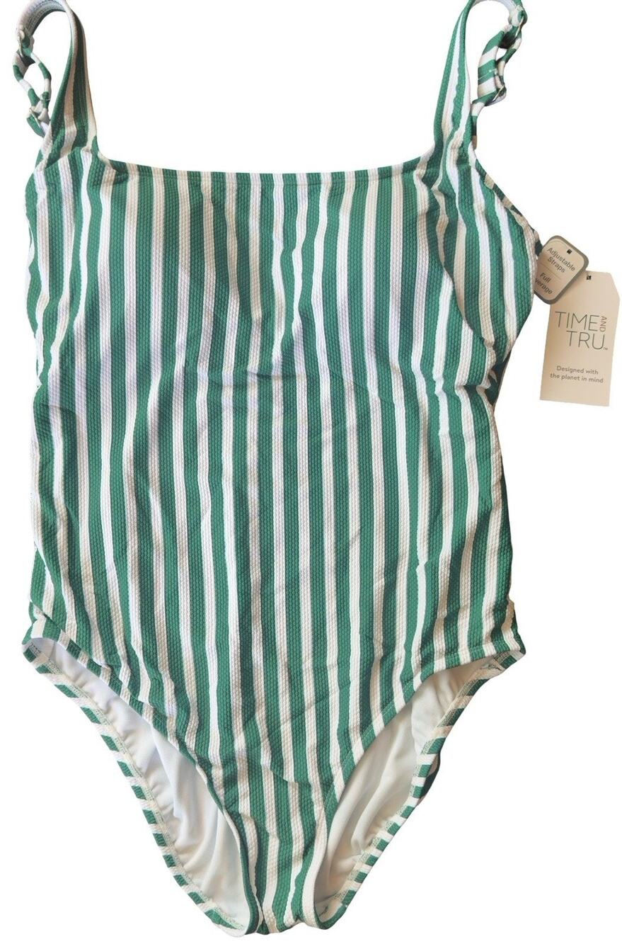 Time and Tru Women One Piece Swimsuit Size Large (12-14) Green/White Stripe NWT